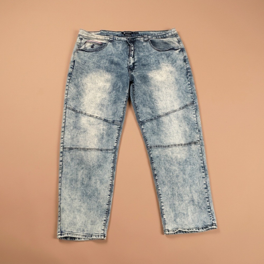 Rocawear Slim Fit Moto Jeans Mens 46x32 Blue Acid Wash Biker Stretch Big & Tall